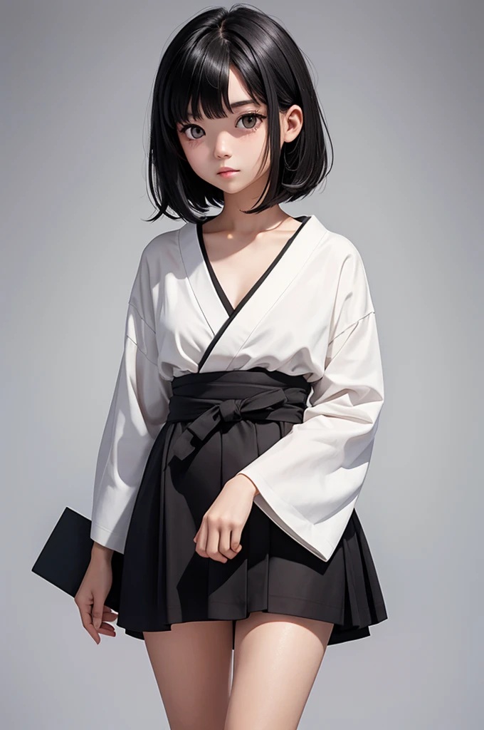 18 year old girl , Japanese short black hair , eyes black , white background