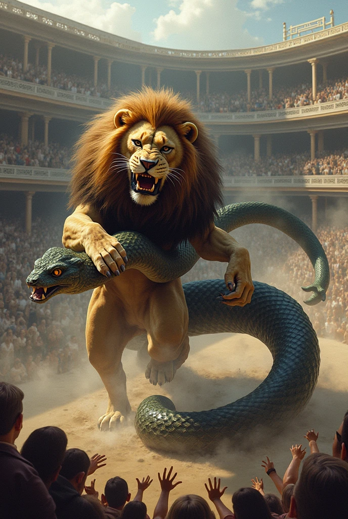 Dessin d'un lion qui massacre le serpent python de la mythologie grec, dans une arène vue de haut