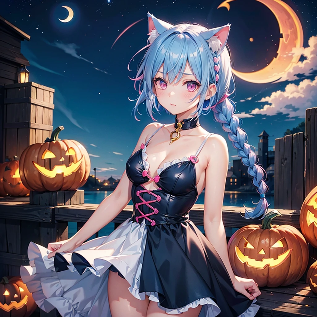 (Sky blue hair),(Braided short hair), (Pink Eyes),Fair skin) ,(whole body),(One Girl),(Crescent Moon),(There are lots of pumpkin ghosts in the background),Cat ear,Cat&#39;s Tail,Cat clothes,(Ahegao),(Fall into Darkness),Sailor Moon,If you don't give me sweets, I'll play a prank on you.),Halloween Night Party),(masterpiece, Highest quality, Very detailed, Best Shadow), (Detailed Background), (Beautifully detailed face), High Contrast, (Best lighting, Very delicate and beautiful), ((Cinematic Light)), Hyper Detail,8k, Dramatic Light, Intricate details,night,(Bats flying in the background),Pumpkin handbag,There are sweets in the bag,