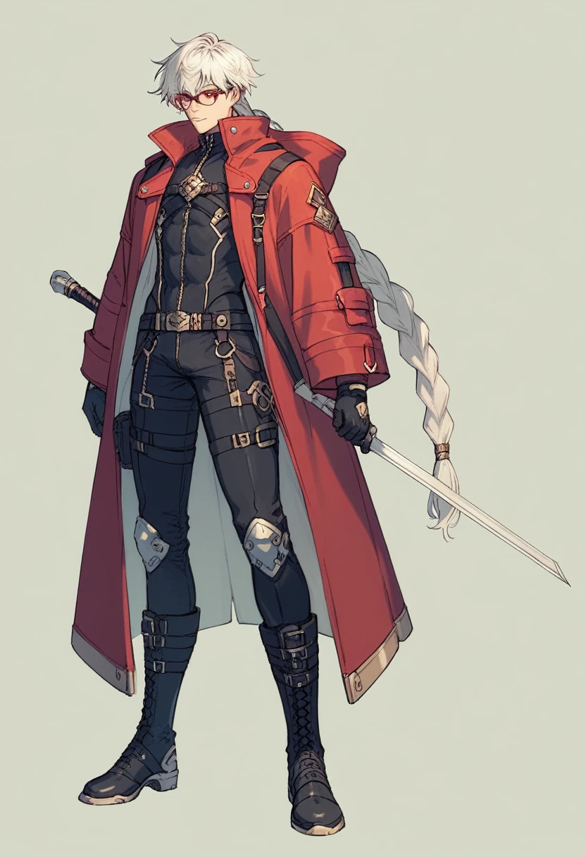  ((Concept ART )),human Male  ,Clear Skin , round Red Glasses , white hair,long braided ,zip Red Coat  , Black Gloves  , Black boots , Full body 