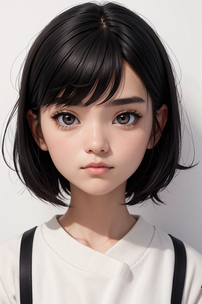 18 year old girl , Japanese short black hair , eyes black , white background
