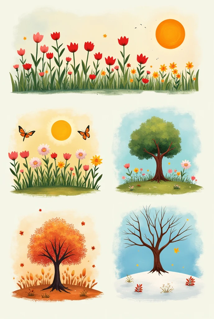 illustration representing the four seasons of the year: spring with many flowers, summer with a beautiful sun, autumn with a tree and winter with snow.