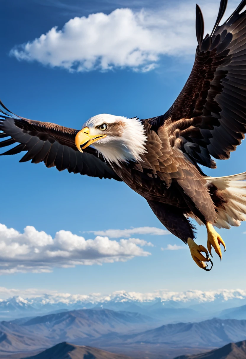 a majestic bald eagle soaring gracefully through the vast blue sky, fierce eyes intently focused on its prey, professional camera, professional lighting, (best quality,4k,8k,highres,masterpiece:1.2),ultra-detailed,(realistic,photorealistic,photo-realistic:1.37),highly detailed,hyper realistic,stunning natural lighting,dramatic composition,captivating gaze,powerful wings,precise feather details,dramatic clouds,vivid colors