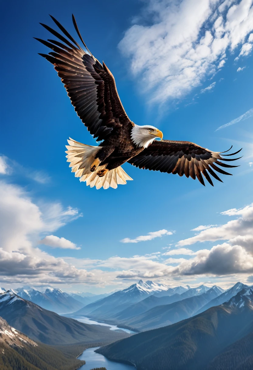 a majestic bald eagle soaring gracefully through the vast blue sky, fierce eyes intently focused on its prey, professional camera, professional lighting, (best quality,4k,8k,highres,masterpiece:1.2),ultra-detailed,(realistic,photorealistic,photo-realistic:1.37),highly detailed,hyper realistic,stunning natural lighting,dramatic composition,captivating gaze,powerful wings,precise feather details,dramatic clouds,vivid colors