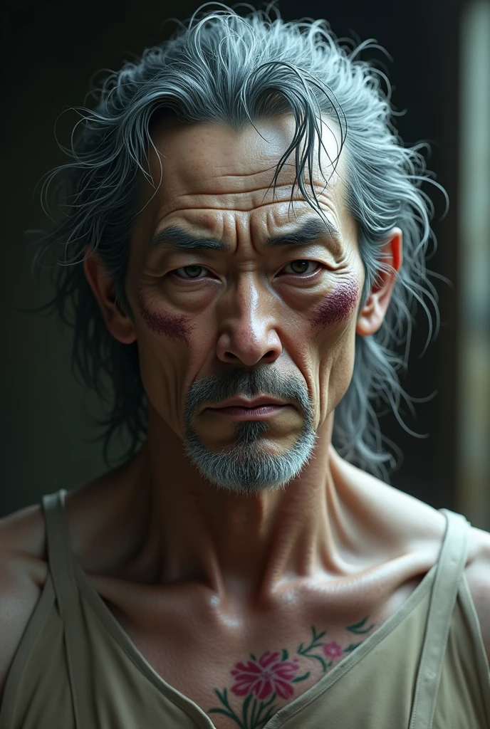 Japanese man with pale skin, with deep dark circles and a scar under his left eye. slanted eyes, slightly angry expression. Her hair is gray and wavy, almost shoulder height. He has burn scars all over his upper body.. Uses dressings and bandages frequently. has a flower tattoo on his neck.