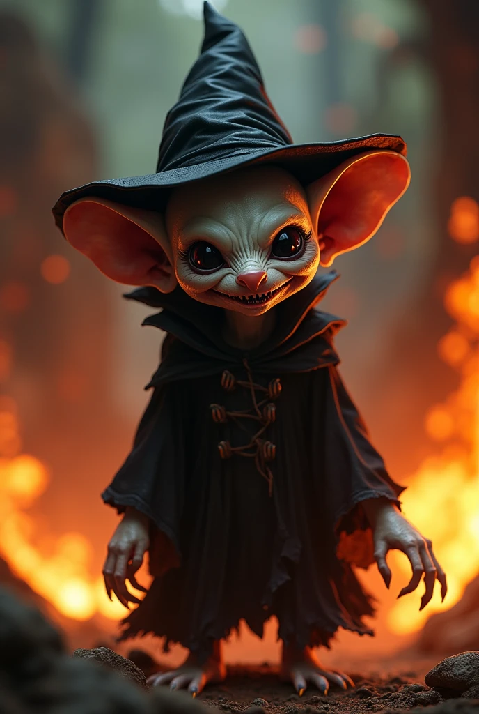 child's body, mischievous grin, large dark eyes, wears a witch's hat, black gown, Her skin is extremely white, his face resembles that of a rat, long fingers look like claws, body skinny, lives amidst the flames of hell