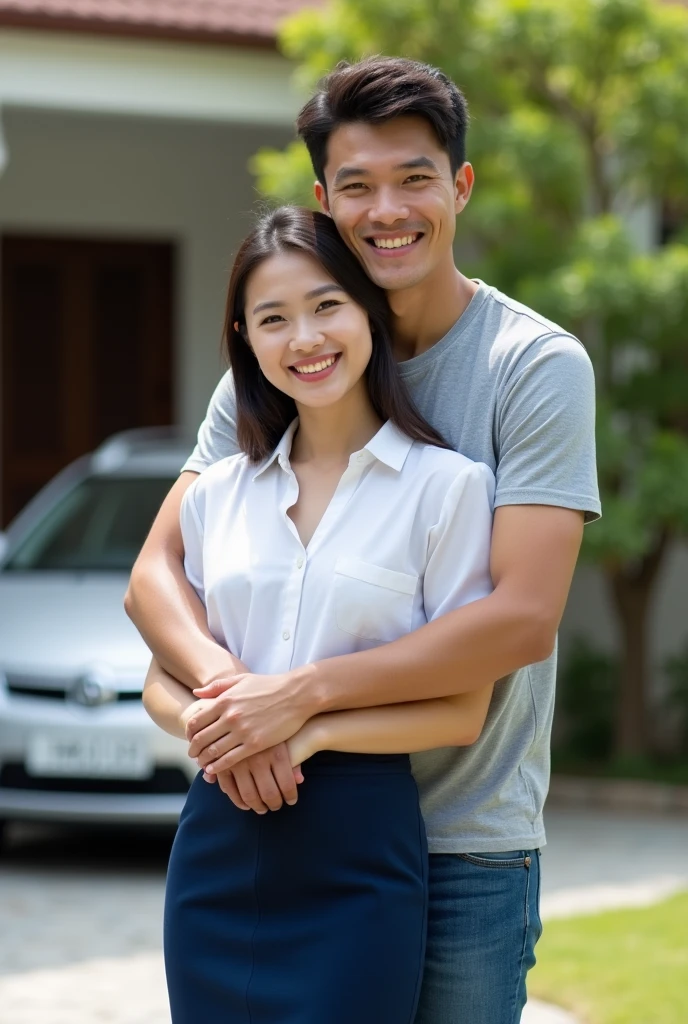 A full-body image of a good-looking Thai couple standing in front of their home, radiating happiness. The man, dressed in a casual t-shirt and jeans, stands behind the woman, gently embracing her from behind with a warm, loving smile. The woman, who is standing in front, is dressed in a crisp white blouse and a navy blue pencil skirt that reaches just to her knees. She leans comfortably into his embrace, her face also showing joy and contentment. They are positioned outside, in front of their house, with a car parked in the driveway, creating a familiar and welcoming atmosphere. The scene captures their full bodies and the peaceful, intimate moment they share