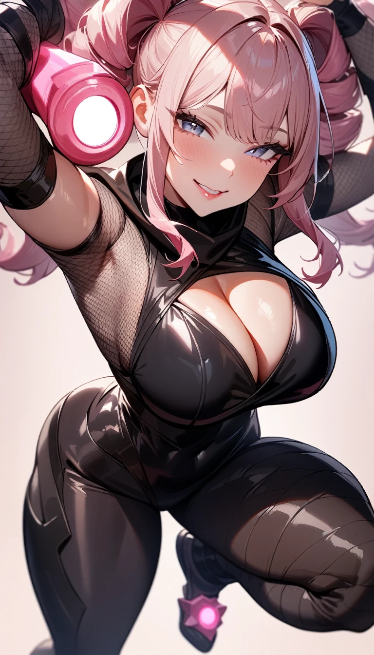 1girl,solo,super detailed skin,shiny skin,angelic smile,pink hair,sidelocks,twin drill hair,half open eyes,eyelashes,lips gloss,large breasts,fullbodysuit,fishnet arms,cleavage cutout,ninja clothes ,pink light fist,simple background,masterpiece,best quality,ultra detailed,high resolution,sharp focus