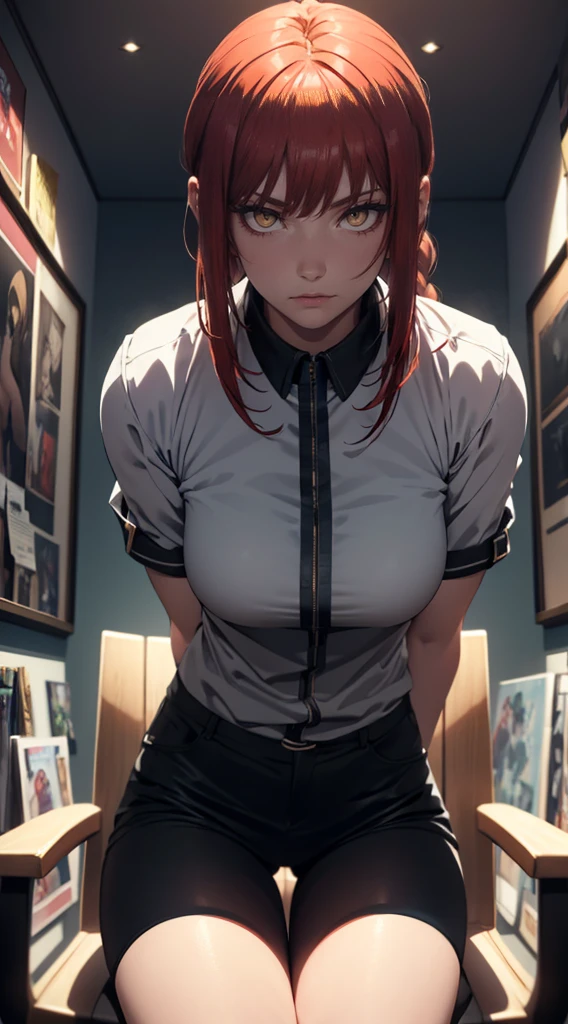 ((sexy dress)))A 25 year old woman, The character Makima from the anime series Chainsaw Man, scary, makima, red hair, braid, braided ponytail, orange eyes, skinny black pants, sitting in chair, legs crossed, cowboy shot, slight leaning forward, holding one dog leash tight, pulling leash, head tilt, looking at viewer, looking down at viewer, white shirt, beautiful figure, sexypose, Realistic, Very detailed, handsome body, Detailed body, Detailed hands, Detailed, Vibrants, Detailed Face, Makima's character design. Very detailed, Detailed body, Detailed hands, Detailed Face, anime art, extremely detailed CG unity 8k wallpaper, detailed light, Cinematic lighting, chromatic aberration, glittering, expressionless, epic composition, dark in the background, Cherecter Desing, Very detailed, Detailed body, Vibrants, Detailed Face, sharp-focus, anime art, Vibrants, Detailed Face, Hugh Details, sharp-focus, Very drooping face, evil smile, A detailed eye, super fine illustration, better shadow, finely detail, Beautiful detailed glow, Beautiful detailed, Extremely detailed, epic composition, Presented at artstation, Octane Render, artstation hd, Cinematic, 4 thousand., hypermaximalist