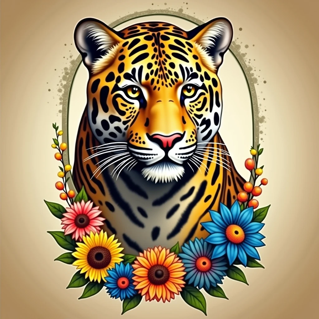 Create a fantastic Amazonian jaguar,inside a frame made of flowers. A mix of jaguar and tiger,leopard spots on the face, flowers in the head, sunflower, lilies, daisy, roses, color full, rainbow colours,spectacular, vibrant, no signature, no watermark,t-shirt art