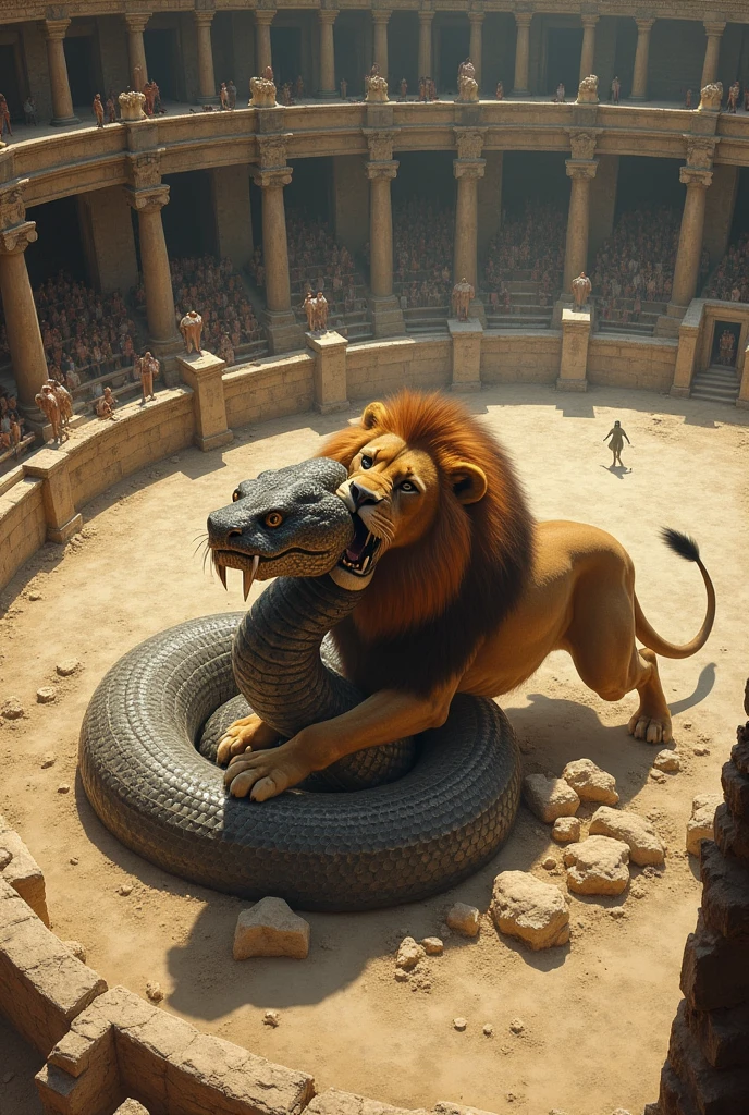 Dessin d'un lion qui massacre le serpent python de la mythologie grec, dans une arène vue de haut