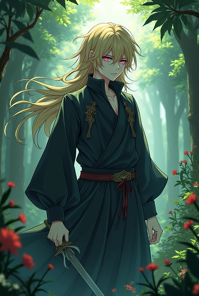 A boy of 1.70 meters, delgado, White skin, Long blonde hair, cold eyes, Right eye pink and left eye yellow, with demon slayer uniform from kimetsu no yaiba, in anime style , wide shoulders, Cold look, with a sword and in a garden crying, big body