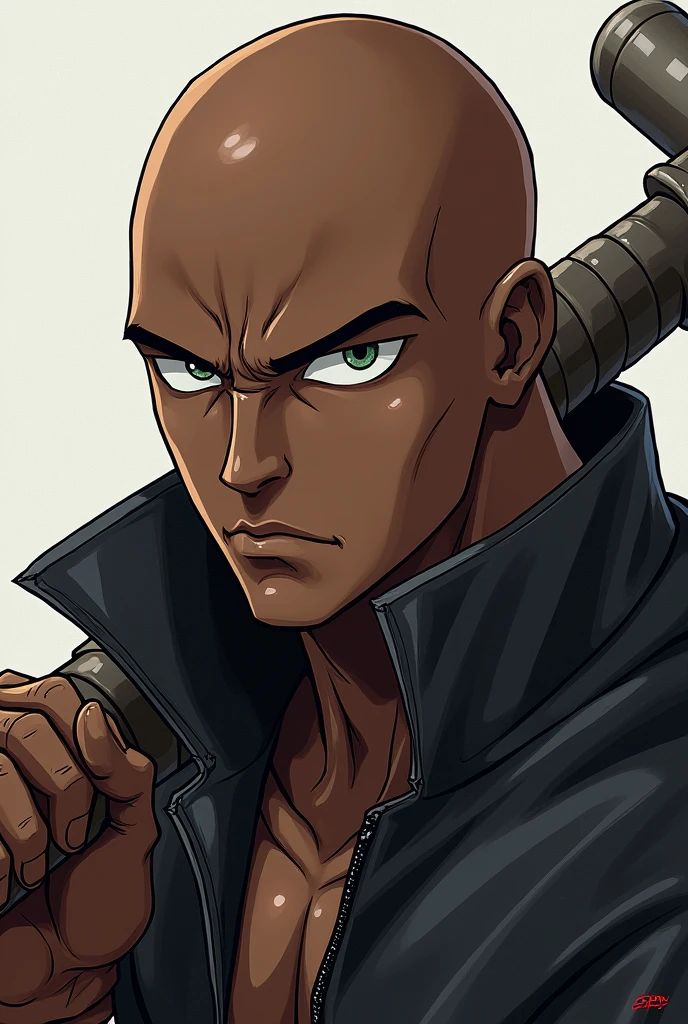 YOUTUBE PROFILE PICTURE, COM O ESTILO DO PERSOANGEM METAL BAT DO ANIME ONE PUNCH MAN, MORE STYLE , black male, close to the camera, 拿着棍子