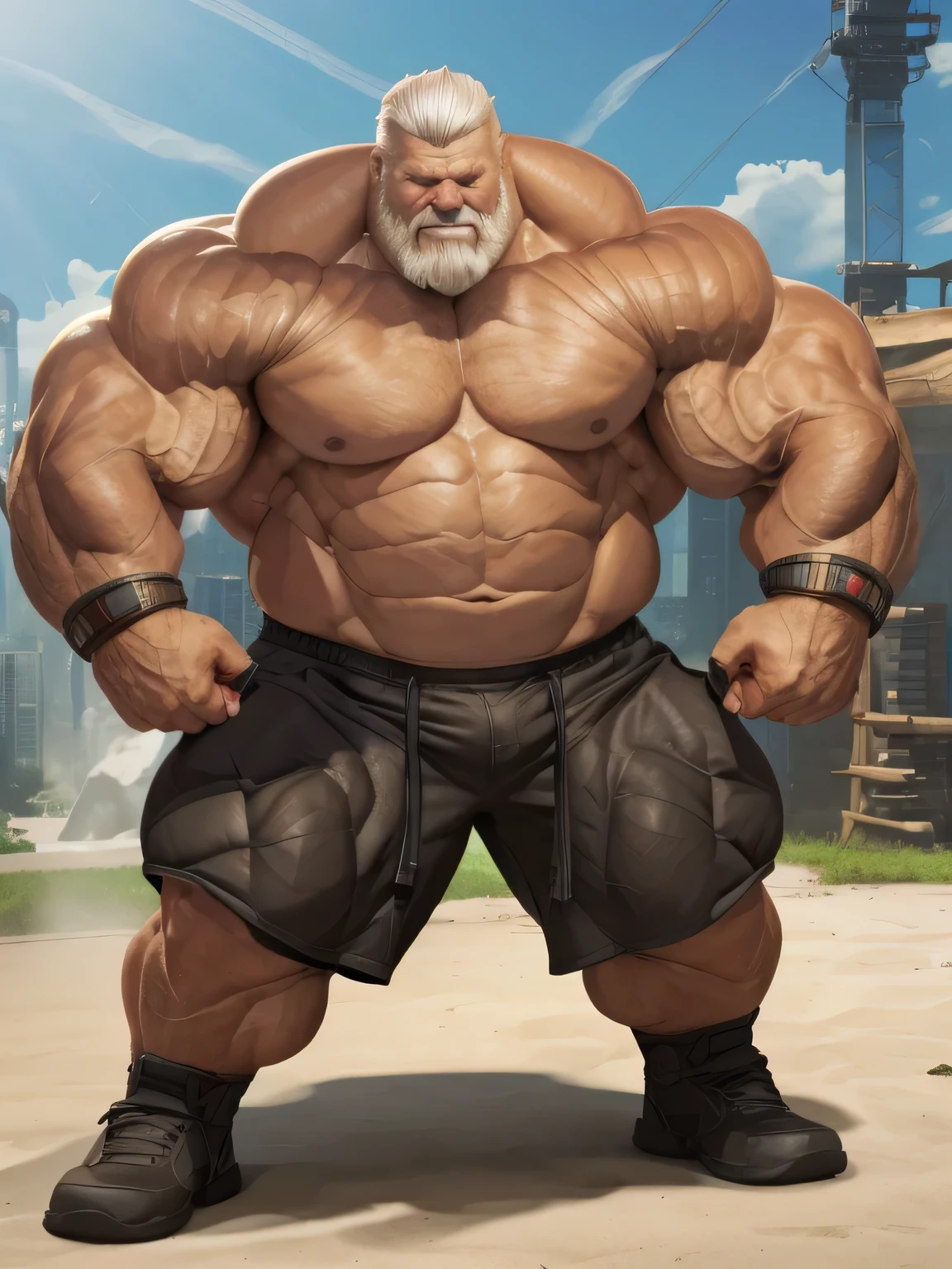 full shots, ground level camera shot, (best quality,4k,8k,highres,masterpiece:1.2),ultra-detailed,(realistic,photorealistic,photo-realistic:1.37),((massive muscular)) ((huge Muscular)) old man standing in photo studio, simple background,  shorts , white hair, super thick arms, super big pectoral, super wide pectoral, topless, shirtless. 