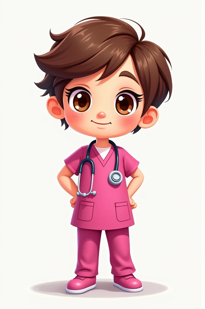 Cute cartoon doctor with short brown hair, big brown eyes with fuchsia uniform