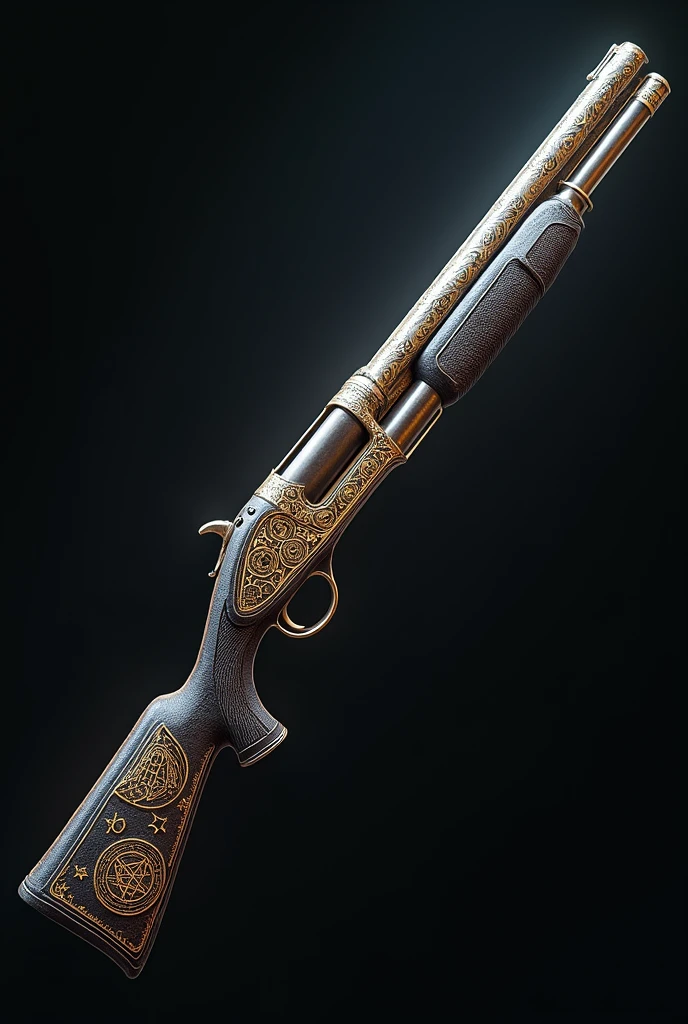 Long, thick barrel shotgun with magic circles on the stock and barrel.