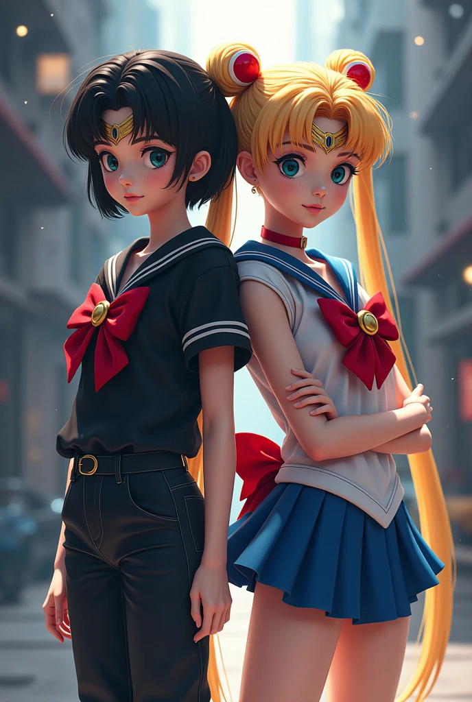 A girl with short black hair wearing a black shirt and black pants posing next to Sailor Moon