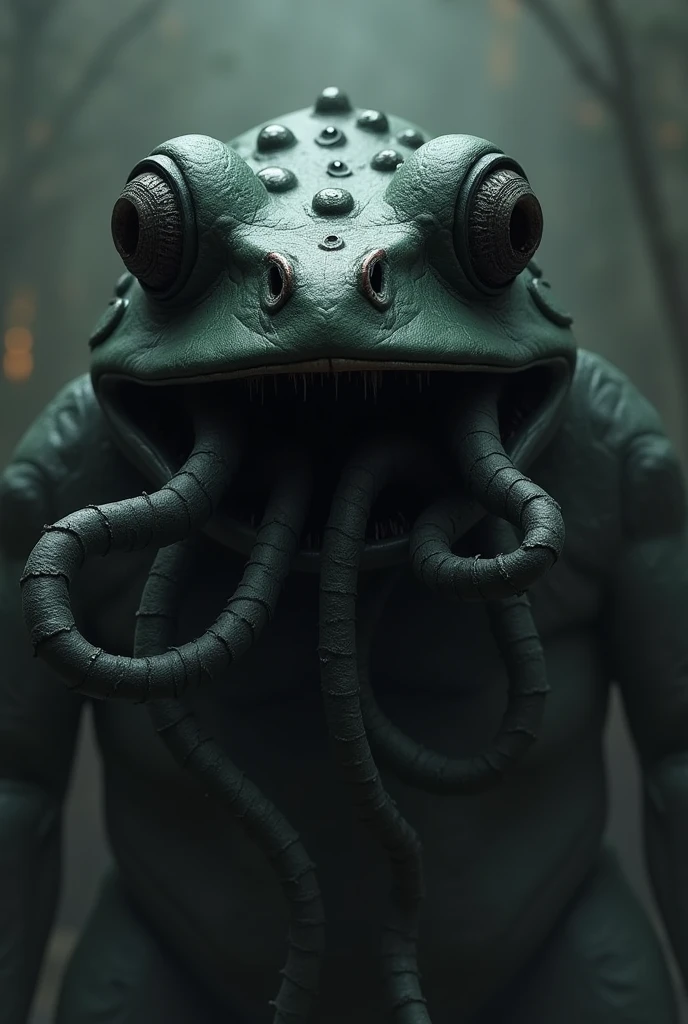 Black frog with several eyes on its body and tentacles coming out of its mouth
