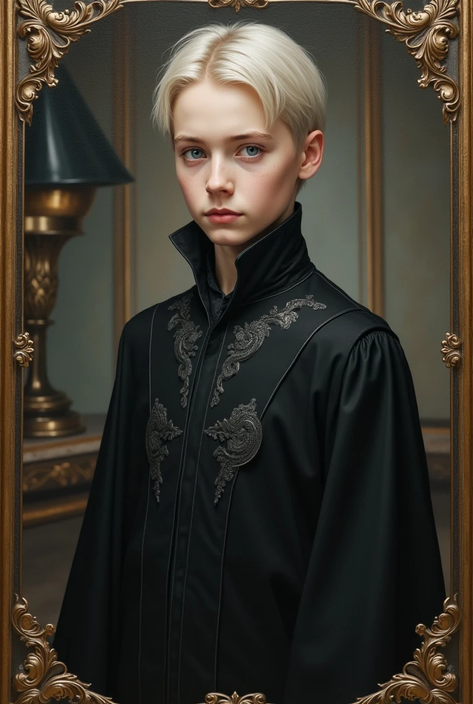 make a Goya style painting, of a 17 year old blond boy, covering himself with a cape from his nose down, The cape must be held with his right arm like the typical Dracula pose, is looking straight ahead, with a threatening look, Your whole body should also be in the same direction., inside a neutral room, but dark, with black and grey walls, medieval era