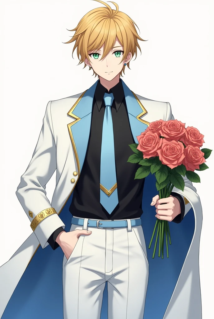 17 year old boy with golden hair, light sea green eyes white skin , Lean, with earrings in the ears, formal wear, white cover inside the cover fabric similar to blue silk, gold accents prendendo uma parte da ponta de cima da capa na outra, calça branca com gold accents na cintura , top of black clothes, gold accents, gravata azul clara com gold accents, sleeves of white clothes, pose with hand on waist showing part of white sleeve while holding a bouquet of roses in the other. アニメ
