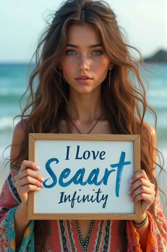 Beautiful girl with wavy long hair, bohemian dress, holding a white board with text "I Love Seaart Infinity" and showing it to the viewer