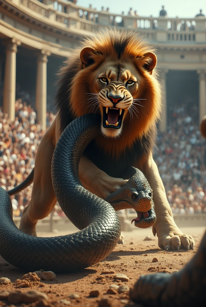 Dessin d'un lion qui massacre le serpent enrager python de la mythologie grec,  dans une arène vue de haut