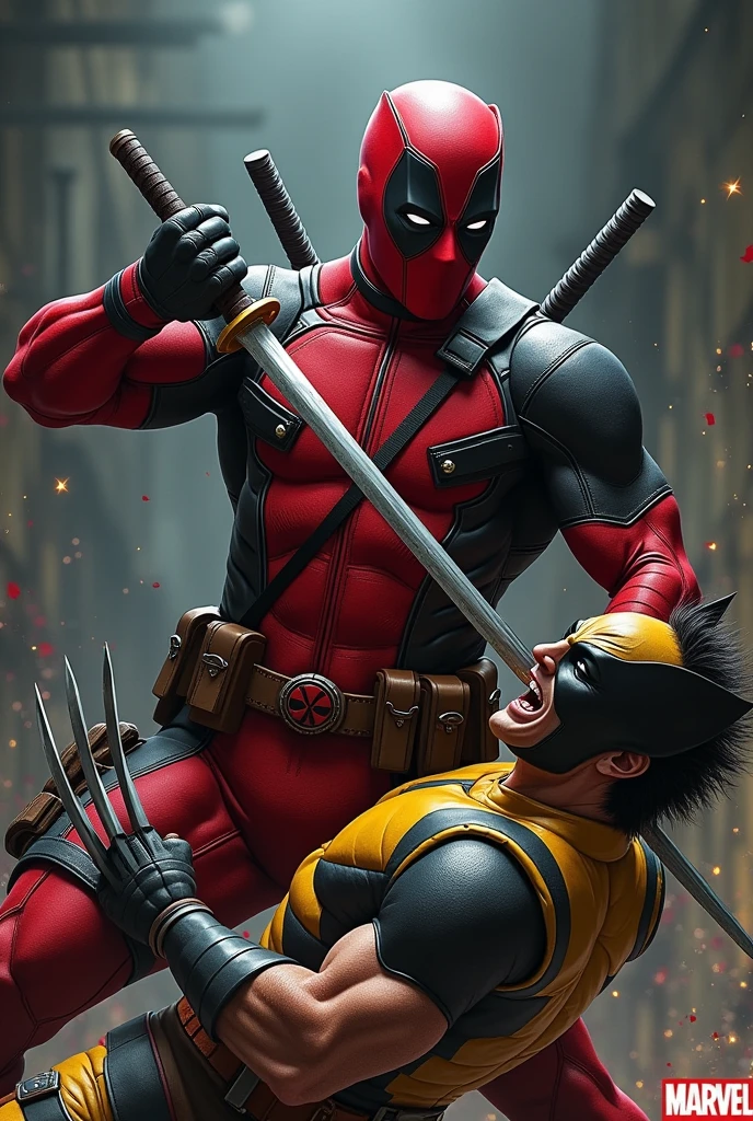 Deadpool plunges his blade into Wolverine's stomach.