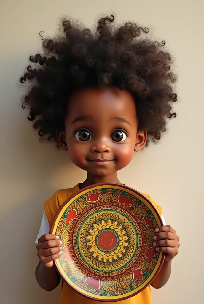 A 1 year old curly haired man,70 tall on a neutral wall holding a plate of African origin 