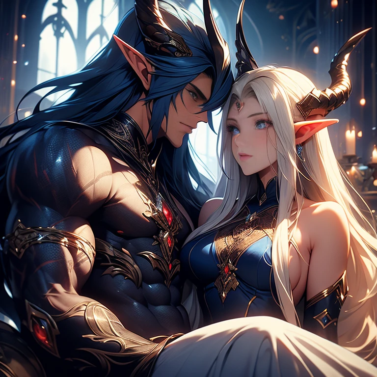 (best quality) (wonderful masterpiece) (ultra high quality) (beautiful faces) a male elf with dark blue long hair and demon horns and big muscles has sex with a female elf, male demon elf with dark blue long hair has sex with a female blonde elf, sex, hard big penis, naked penis, male and female elf, romantic sex, dynamic hentai pose, sex couple, male with dark blue long hair, male on top of female, hard penis, male elf above female elf