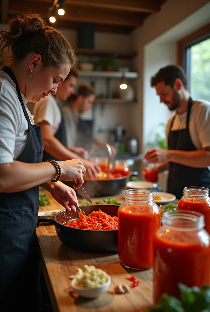 

**Additional instructions for creating the image:**

**General description:**  
In addition to the main image of the tomato sauce jars, Create a secondary image showing people preparing tomato sauce by hand in a kitchen. This image should reflect the elaboration process, highlighting attention to detail and the use of fresh ingredients.

**Scene details:**
- **Environment:** The kitchen should be rustic or semi-modern in style., evoking a warm and welcoming atmosphere, that highlights the artisanal character of the product.
- **people:** Include people who participate in the preparation, like chopping tomatoes, mixing ingredients in a large pot or bottling the sauce. The protagonists must appear focused and enjoying the process..
- **Actions:**  
   - **Preparation of ingredients:** Show someone chopping fresh tomatoes, onions, and garlic. 
   - **Cooking:** Include a scene where ingredients are cooking in a large pot, with steam coming out, which suggests that the product is freshly made.
   - **Bottling:** Include a moment when the already cooked sauce is being poured into the jars, highlighting the attention to detail and quality of the 