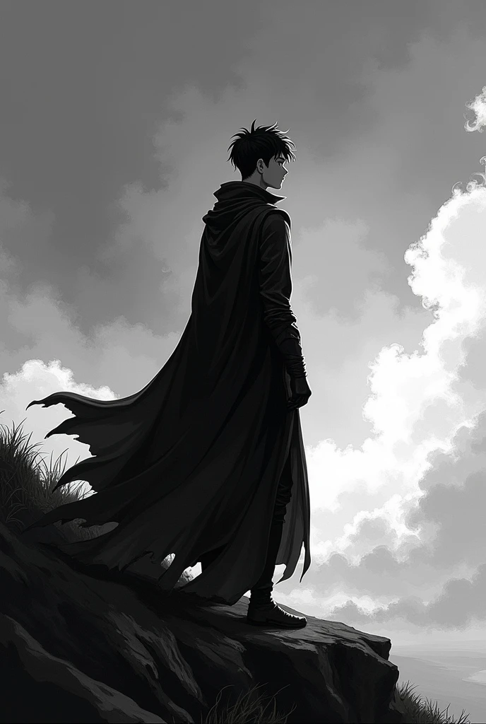 black and white 2d anime style image of a male character. the character is on his back, looking at a distant horizon, with a serious and determined countenance. He wears a flowing cape and has styled hair that moves in the wind.. cel shadow, representing a threatening presence, is subtly visible in the background, like a diffuse silhouette, whispering in the darkness. the atmosphere should convey a sense of constant struggle and endless quest.