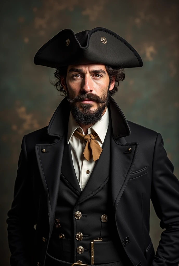 Charisma of a characteristic man, pirate looking, dressed in a suit, beard and mustache
