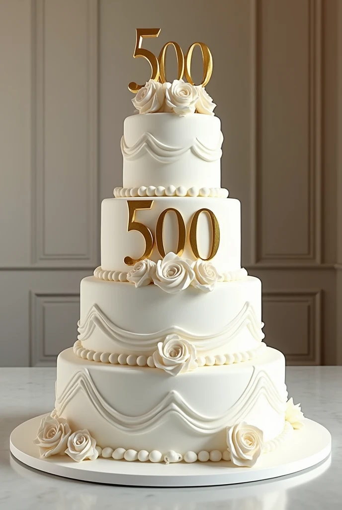 A white anniversary cake with the number 500 decorated