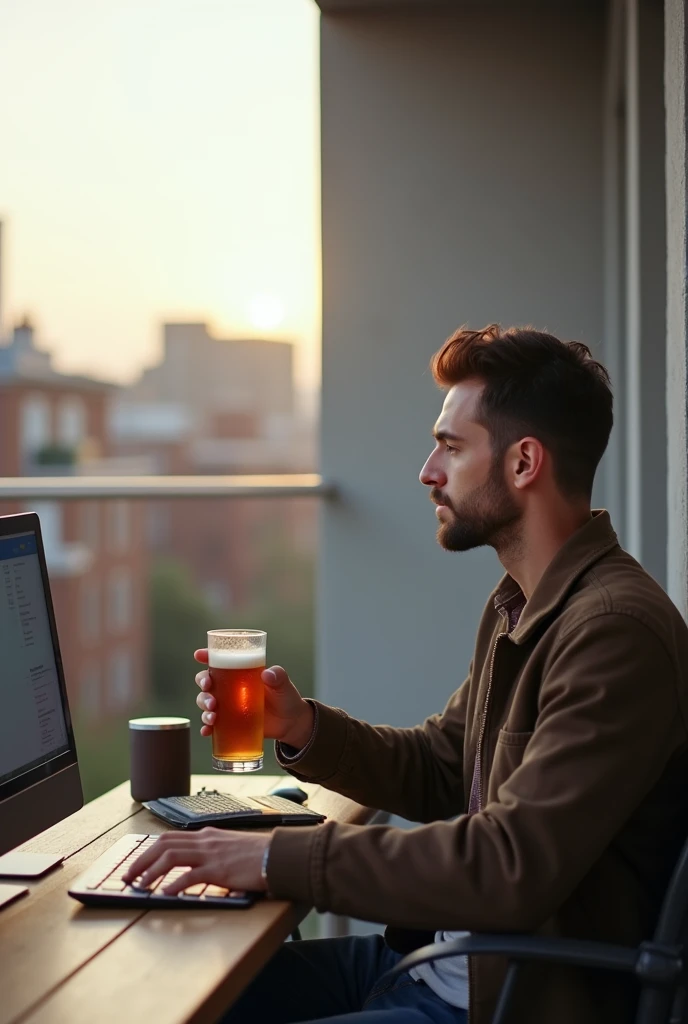 simple and extremely realistic photo of a 25-year-old man drinking a beer on the balcony of a building. Now create an image of this same man sitting next to a computer, engaged in entrepreneurial work.