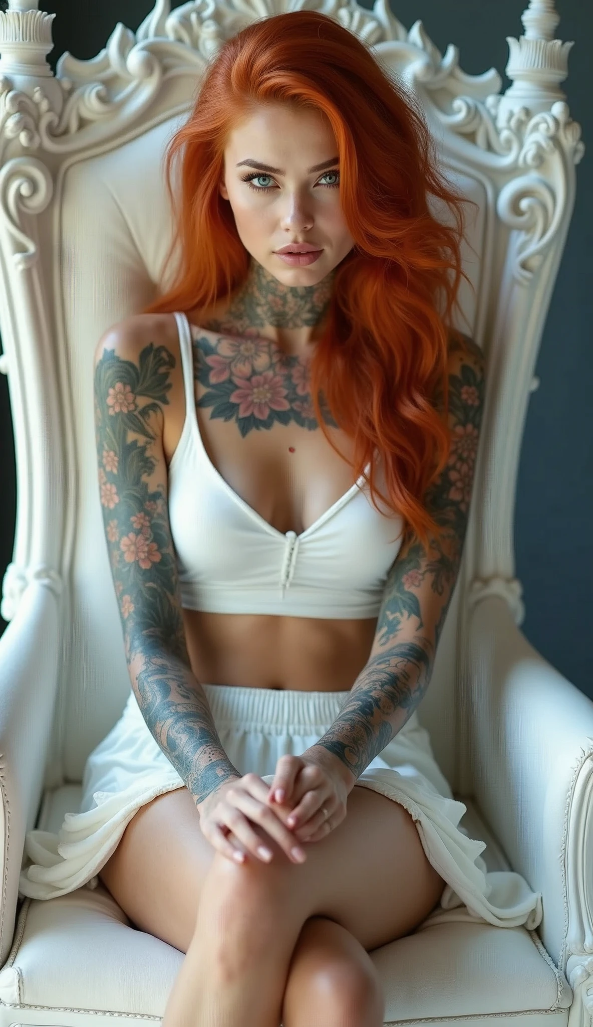 a beautiful young girl, 4k, ultra detailed, intricate tattoos, smoke, expressive beautiful face, long eyelashes, wearing a white crop and extra mini skirt white, wearing fantasy white high heels, sitting on a white throne, crossed legs, sexy, flawless makeup,shiny skin,young,ocean blue eyes,red hair but wavy hair style