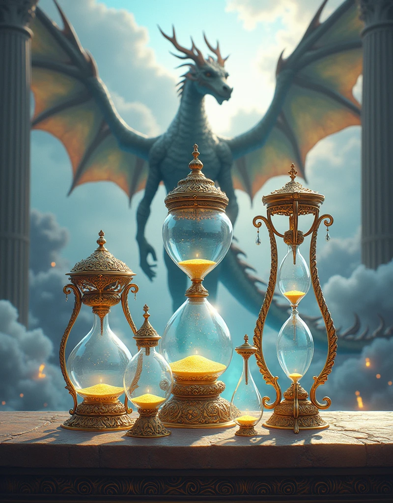 An image where there are several hourglasses of different sizes and dragons can be seen in the background