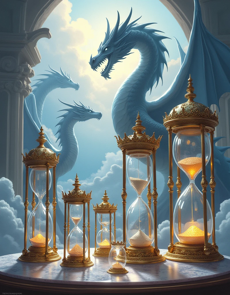 An image where there are several hourglasses of different sizes and dragons can be seen in the background 