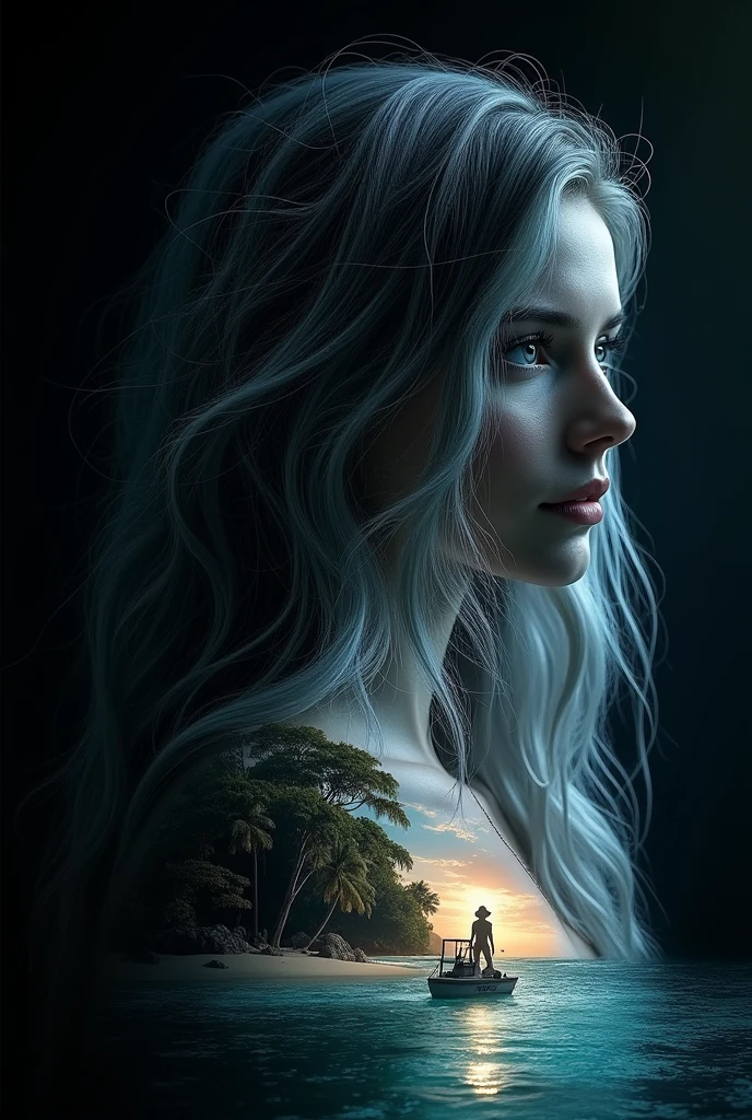A mesmerizing double exposure masterpiece by the prodigious artist Jinxit, ON A BLACK BACKGROUND/capturing a captivating woman with asilhouetted profile, bathed in a mystical silver glow. Her enchanting gaze draws the viewer in, while her long wavy hair harbors a serene miniature beach paradise. The artwork symbolizes the harmonious connection between nature and artistry, inviting the viewer to explore the depths of their own imagination. In this 8K resolution creation, Jinxit masterfully blends elements of cinematic, fashion, typography, poster, 3D render, graffiti, illustration, painting, photo, and portrait photography. The piece celebrates the beauty of nature and encapsulates the essence of vibrant,