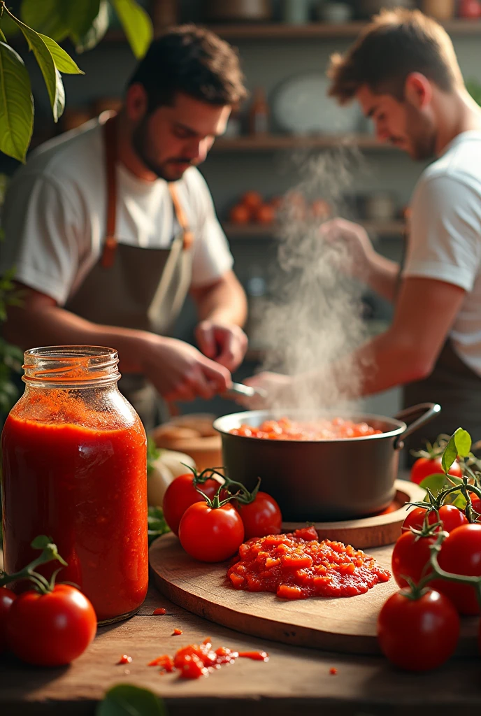 **Additional instructions for creating the image:**
**General description:**
In addition to the main image of the tomato sauce jars, Create a secondary image showing people preparing tomato sauce by hand in a kitchen. This image should reflect the elaboration process, highlighting attention to detail and the use of fresh ingredients.
**Scene details:**
- **Environment:** The kitchen should be rustic or semi-modern in style., evoking a warm and welcoming atmosphere, that highlights the artisanal character of the product.
- **people:** Include people who participate in the preparation, like chopping tomatoes, mixing ingredients in a large pot or bottling the sauce. The protagonists must appear focused and enjoying the process..
- **Actions:**
- **Preparation of ingredients:** Show someone chopping fresh tomatoes, onions, and garlic.
- **Cooking:** Include a scene where ingredients are cooking in a large pot, with steam coming out, which suggests that the product is freshly made.
- **Bottling:** Include a moment when the already cooked sauce is being poured into the jars,
