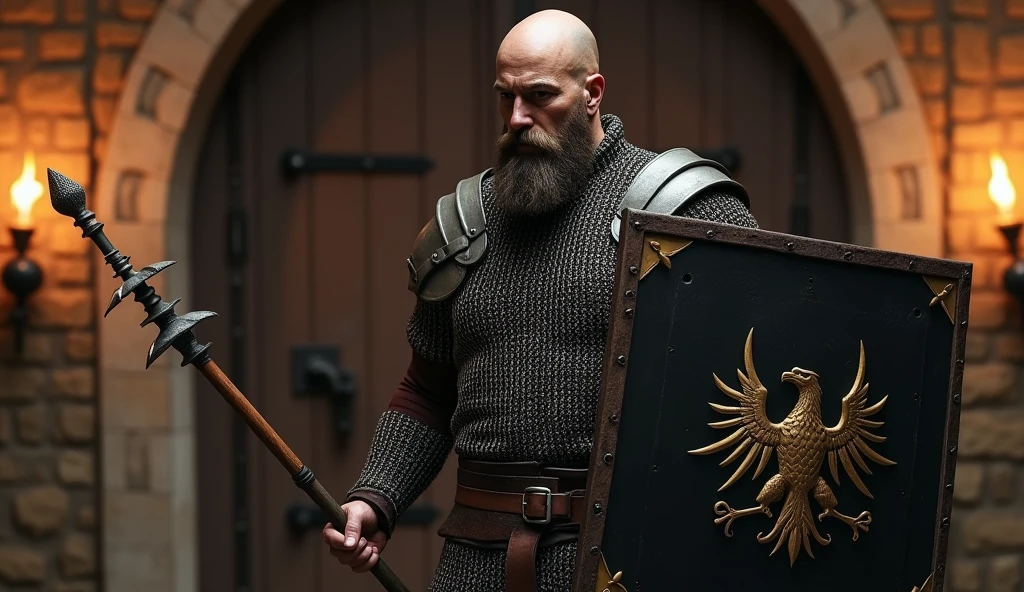 create a bald man with a medium beard, wearing a chain mail, 2.20 meters tall, a large spiked flail in his right hand, a large square Roman model shield in his left hand with an eagle in the center of it, the shield is black. He is standing near a reinforced metal door in a room lit by torches.