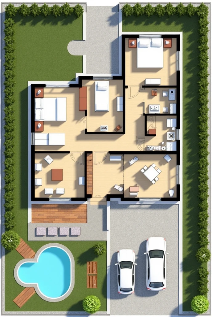 make a single storey house plan with the following details Country House Plan/Farm in 250m²:
garage:
covered: 3 car spaces.
discovery: 2 car space.
Main Entrance:
An independent social entrance, leading directly to the living room.
Bedrooms:
1 suite: A master bedroom with private bathroom.
2 Bedrooms Médios: Ideal for children or guests.
1 Double Room: Simple room for couple.
1 Small Bedroom: Can be used as a spare room or office.
Toilets:
Internal Social Bathroom: Shared between the medium rooms and the double room.
External Bathroom: Near the pool area, for external use.
Living Room and Kitchen:
Integrated Living Room: Open and spacious, with direct connection to the kitchen and dining room.
Small and Functional Kitchen: Integrated with the dining room, without partitions.
External Area:
wooden deck: Gourmet area with barbecue and equipped kitchen.
Garden: A small green area next to the entrance porch.
Garden and Pool: Compact but well planned to make the most of space.
Mini Multi-Sport Field: Reduced to fit the available space.
Other Areas:
Messy Room: It can also be used as a pantry.
Playground: A small games room, keeping only one or two tables (like snooker and table tennis) due to space.
Runners:
Good Circulation: The plant has been adjusted to maximize airflow, with corridors around the house and high ceilings.