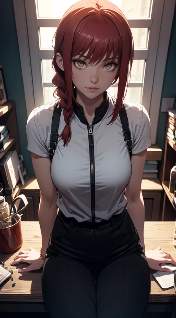 run away \(chainsawman\), Red hair, Braided hair, yellow eyes, beautiful, beautiful woman, Perfect body, Perfect breasts,big breasts，(huge :1.9)，straddling, bound_arms, bound_wrists, crotch_rope, suspension, spreader_bar,  Wearing an oversized transparent white T-shirt, short jeans, wearing handbag, watch, wear earrings, Comfortable to shop there, department store, ponytail, looking at the audience, faint smile, realism, masterpiece, Textured leather, super detailed, high detail, high quality, best quality, 1080P, 16k