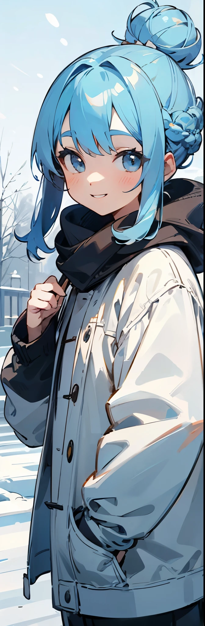 Straight hair,Hair Bun,Light blue hair,smile、winter