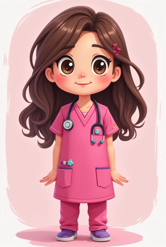 Cute cartoon doctor with shoulder length brown hair, big brown eyes with fuchsia uniform