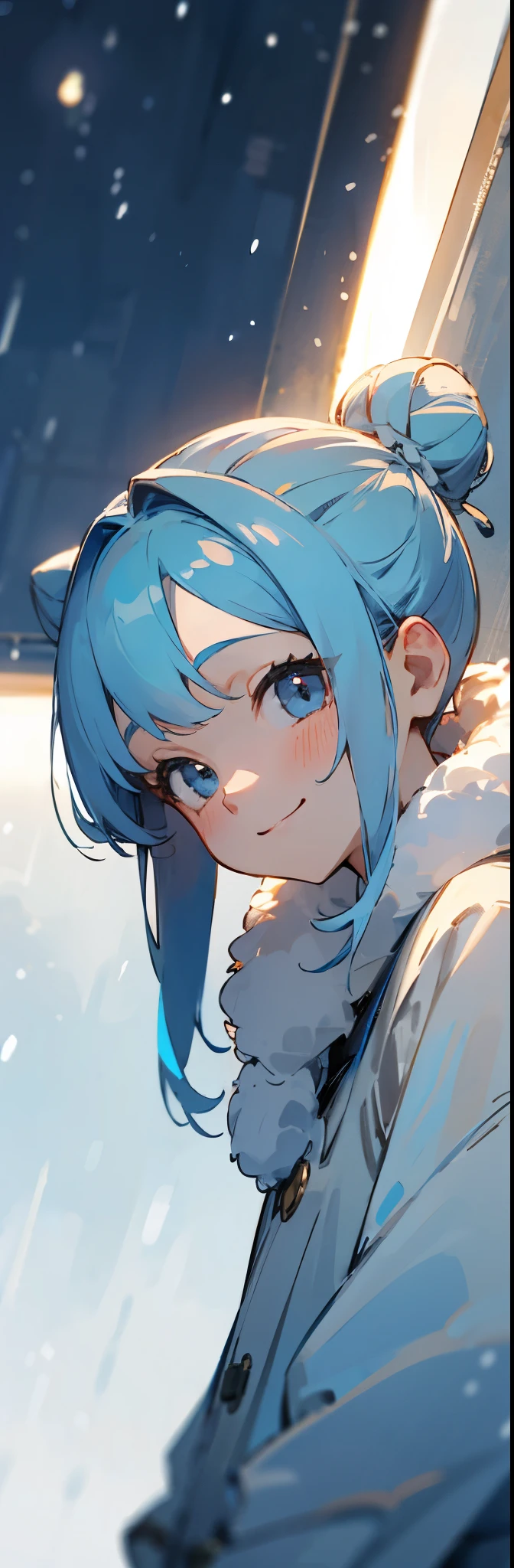Straight hair,Hair Bun,Light blue hair,smile、winter