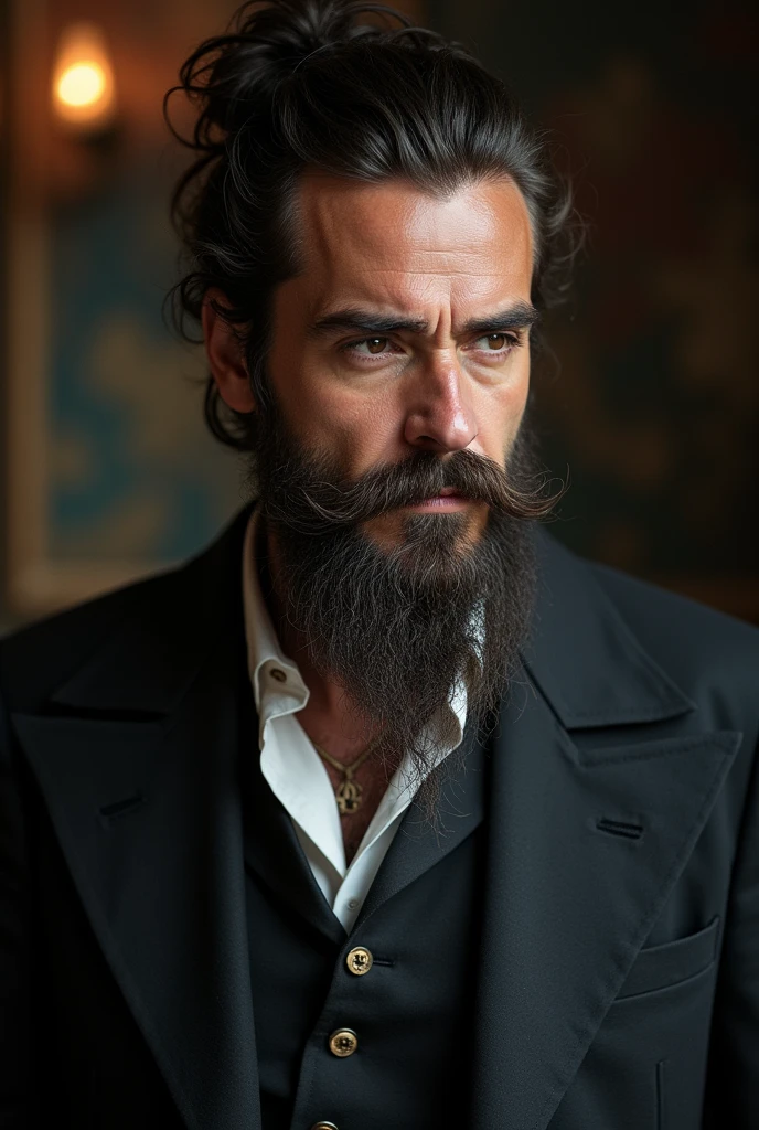 Charisma of a characteristic man, pirate looking, dressed in a suit, beard and mustache and türk