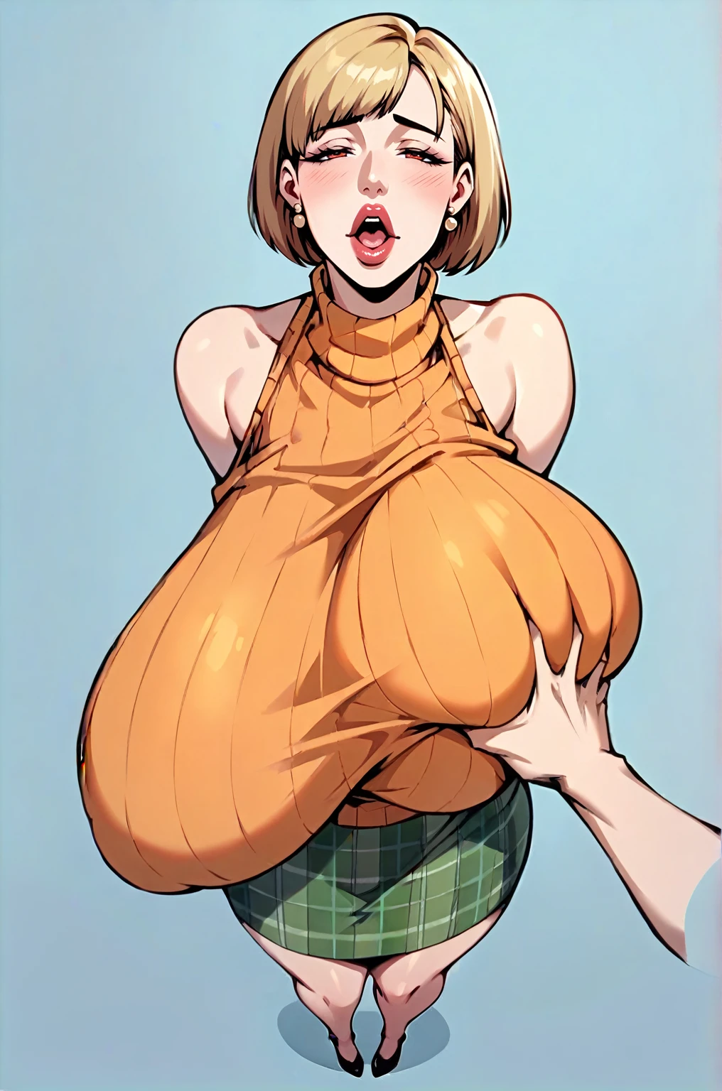 score_9, score_8_up, score_7_up, score_6_up, score_5_up, score_4_up, solo, Ashely Graham from resident evil 4, ((thicc mature mom)), short blonde hair, ((orange sleeveless turtleneck sweater with a burgundy sweater around her neck)), green plaid skirt, big thick full lips, ((pouted lips)), ((open mouth)), ((squinting pleasured eyes)), ((full body)), ((NSFW)), sexy, seductive, alluring, cute, motherly, pleasured, aroused, moaning, blushing, (((gigantic breasts))), sagging breasts, big nipples, wide hips, thick thighs, huge ass, breasts focus, ((Pov hands groping breasts)), (((from above pov))), close up 