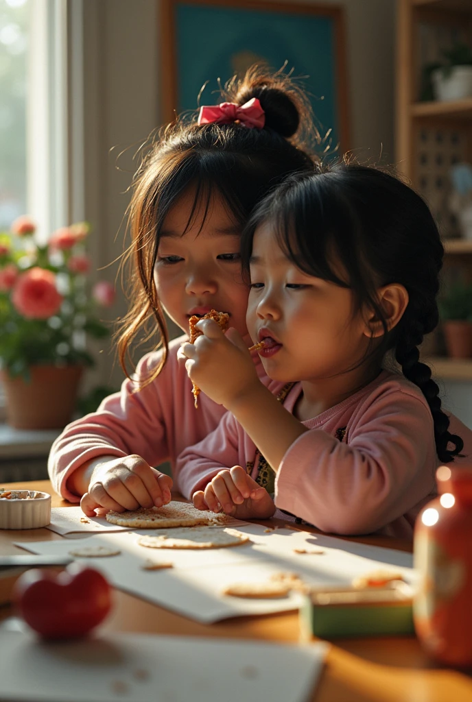 girls eating shit on the work table 