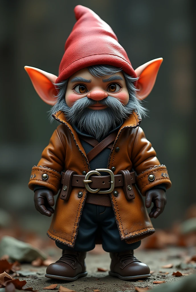 A gnome, of 90 cm, gray hair and a red mushroom-shaped cap, This gnome is a little thief and wears a thick leather coat