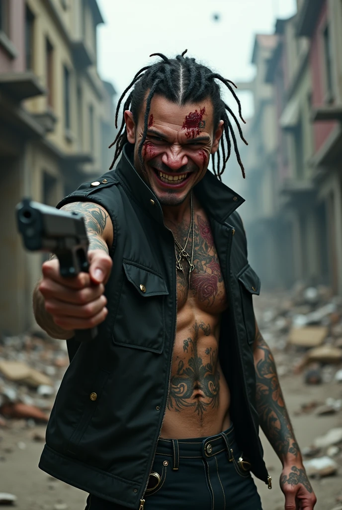 1white man, (male) athletic, black hair styled in dreadlocks, black sleeveless jacket, body with tattoos, crazy eyes (looks like a sadistic murderer) Sadistic smile. (mad eye shows) , he has blood on him, he holds a semi-automatic pistol in his left hand, he is in an urban environment in ruins, photorealistic style 8K very good quality image